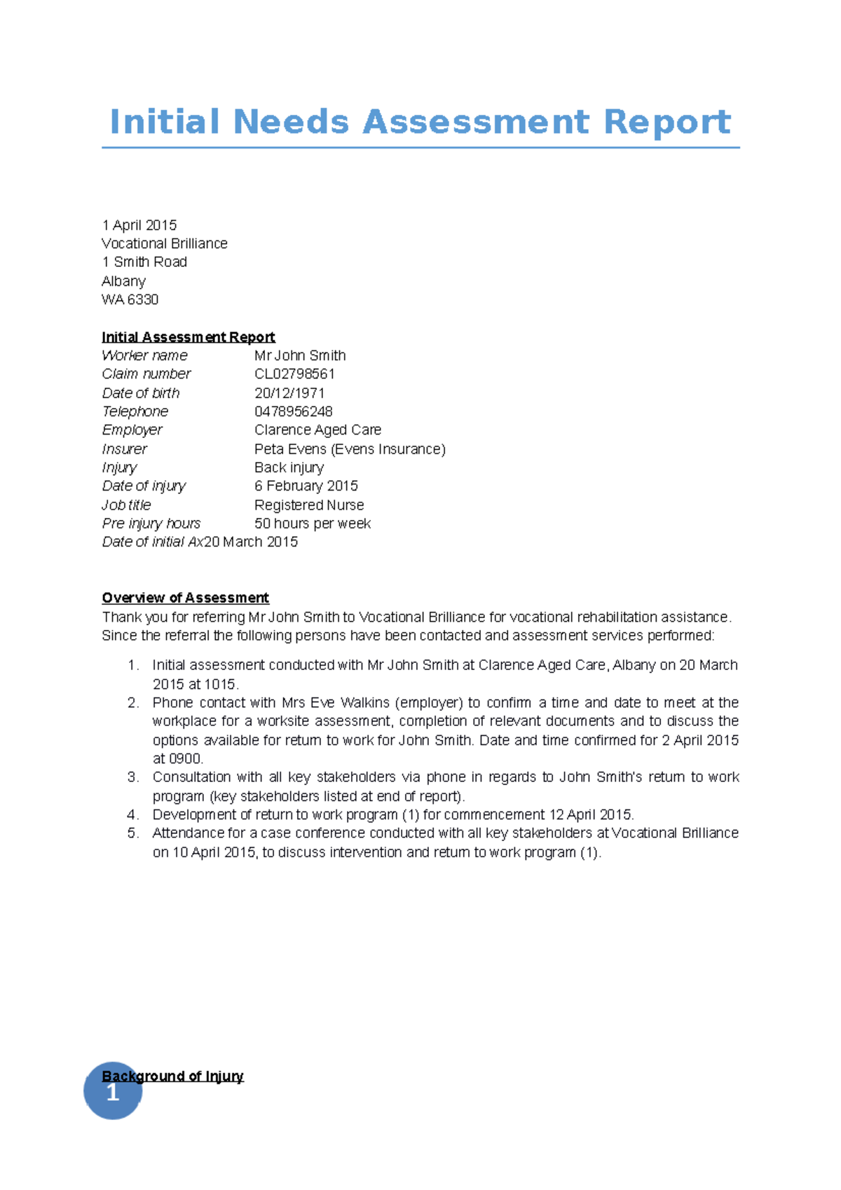 Initial Needs Assessment for RN John Smith - Vocational Brilliance ...