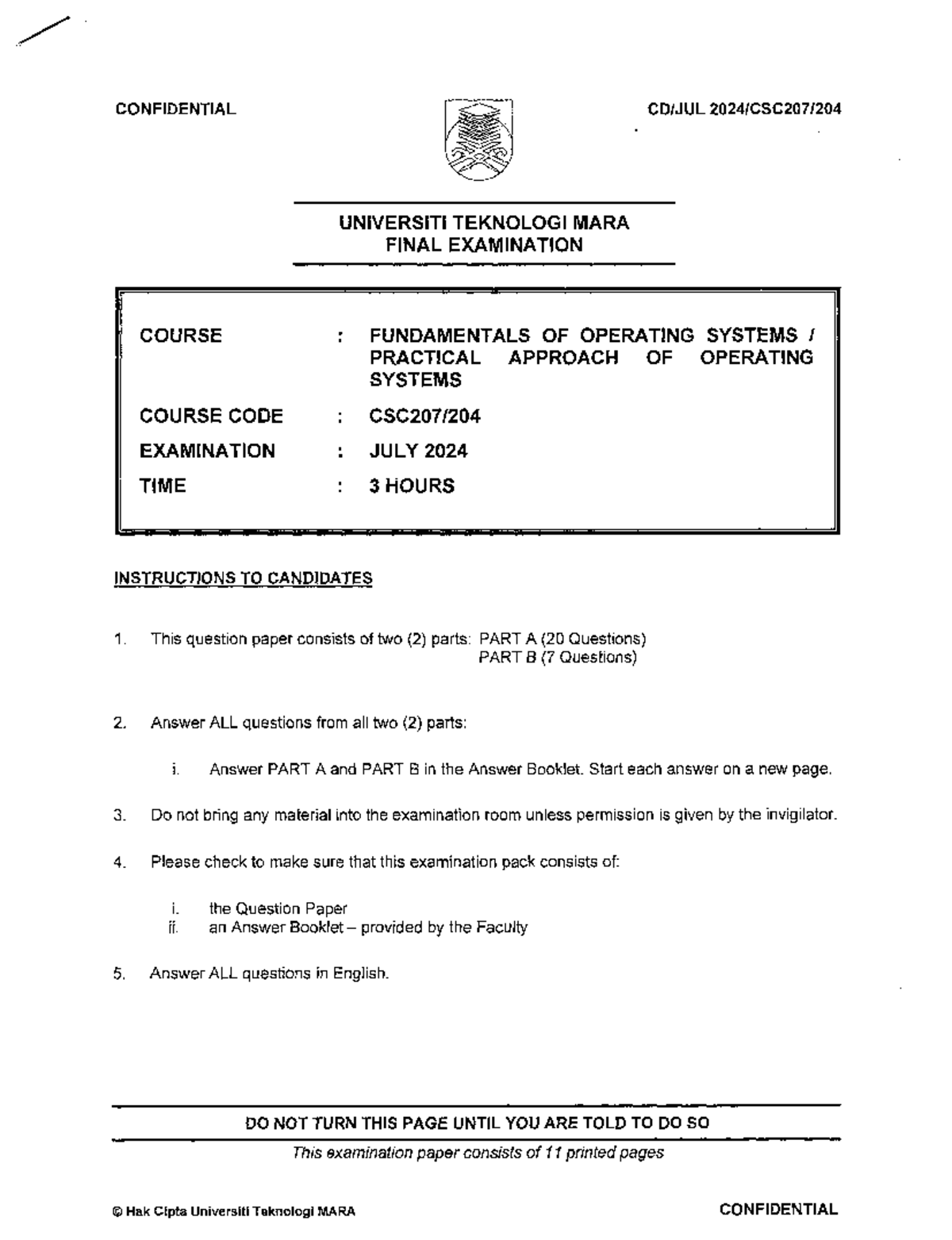 CSC207 Final Exam: Fundamentals of Operating Systems Questions - Studocu
