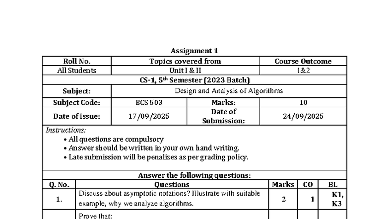 DAA Assignment 1: Topics from Course Outcomes Unit I & II (BCS 503 ...