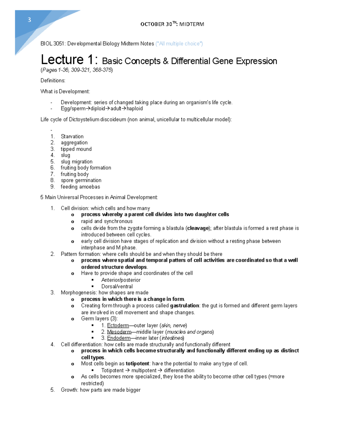 BIOL 3051 - Comprehensive Midterm Notes for Developmental Biology - Studocu