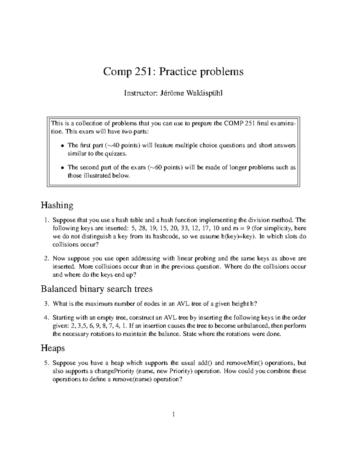 251 Final Practice Fall 2018 Comp 251 Practice Problems Instructor