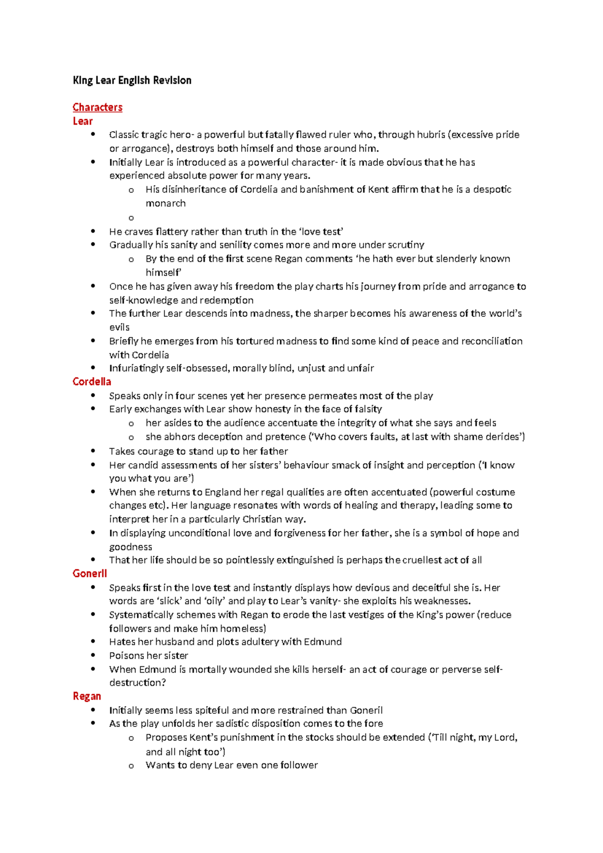King Lear (ENG 101) Character Analysis and Themes Revision Notes - Studocu
