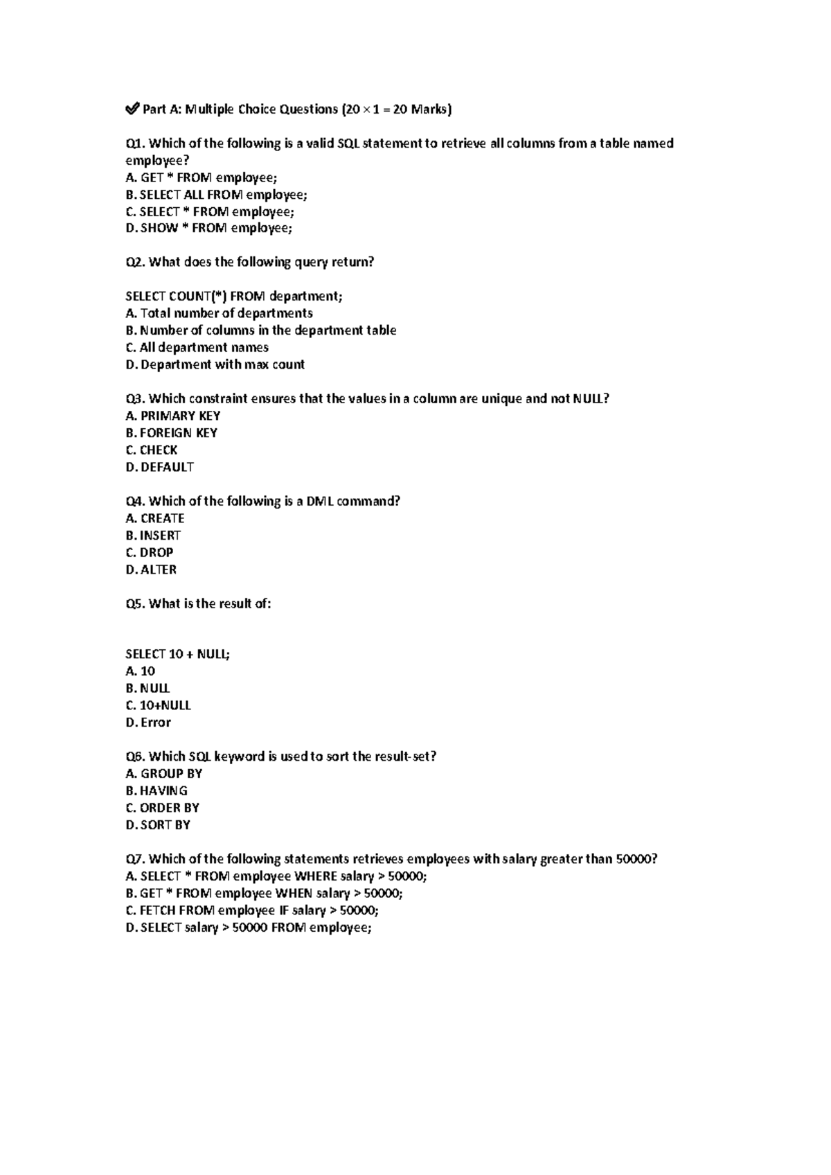 SIV Practice Test 2: SQL MCQs & Coding Questions - Studocu