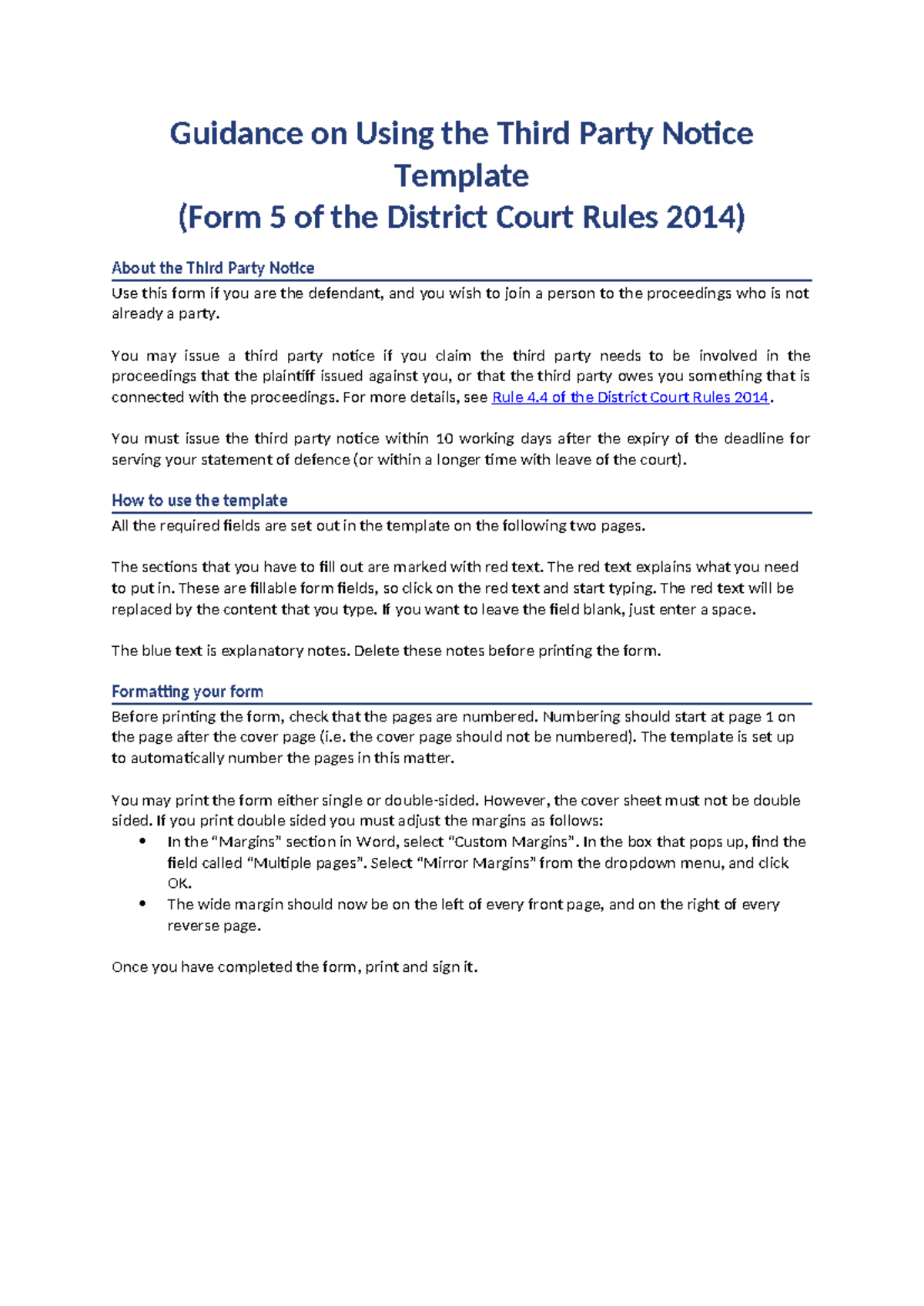 Form 5 Third Party Notice Guidance and Template (District Court Rules ...