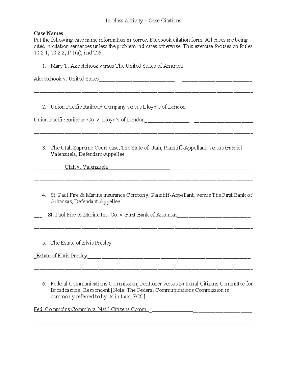 Bluebook Citation Format Assignment: Case Names & Citations - Studocu