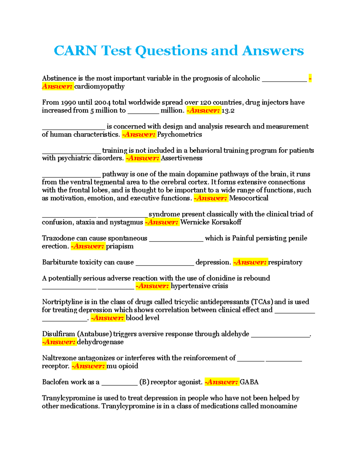 CARN Test Questions and Answers - CARN Test Questions and Answers ...