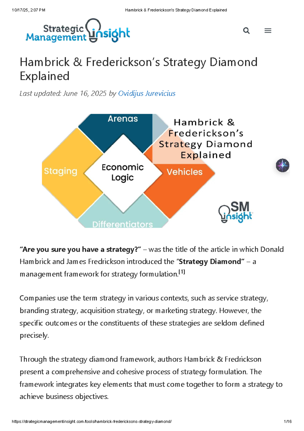 Hambrick & Frederickson's Strategy Diamond Framework Explained - Studocu