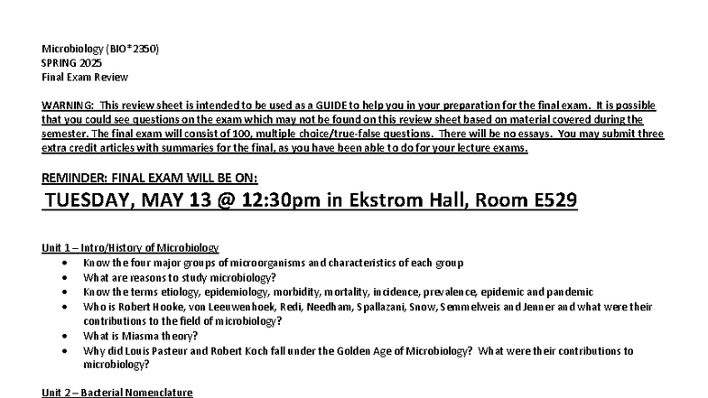 Microbiology (BIO*2350) Spring 2025 Final Exam Review Guide Notes - Studocu