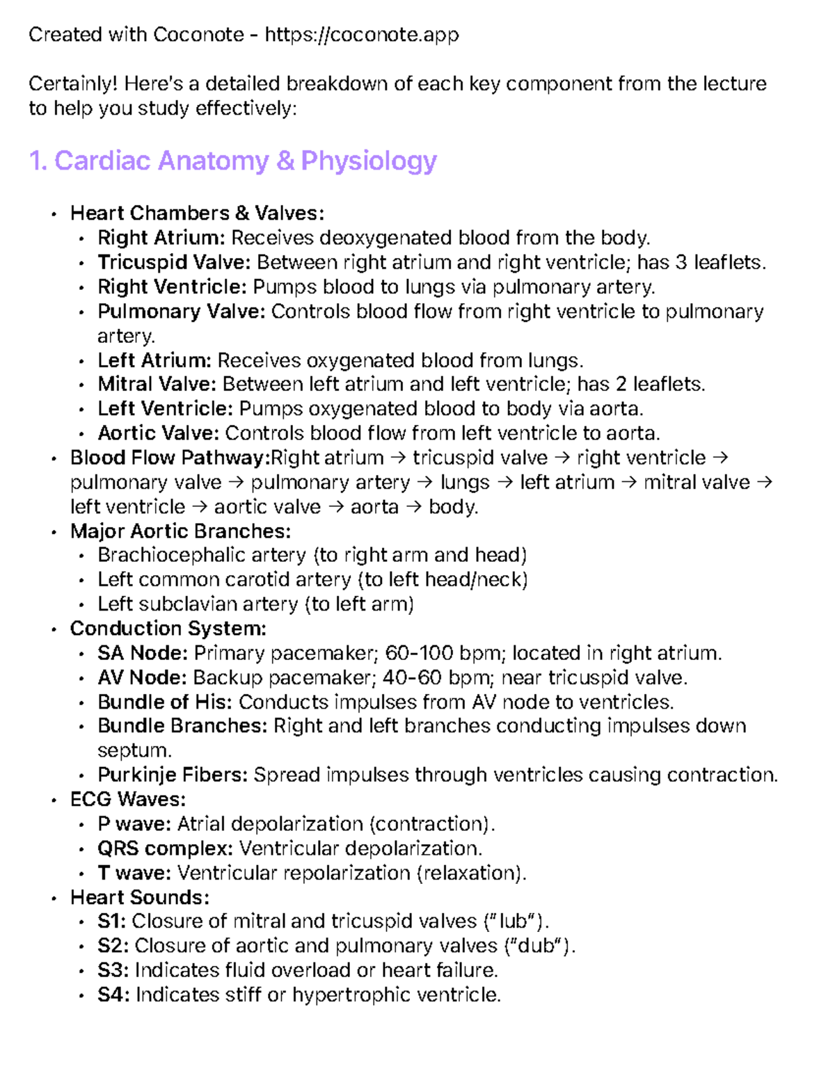 Cardiac Anatomy & Physiology Lecture Notes - Course Code: CNL101 - Studocu