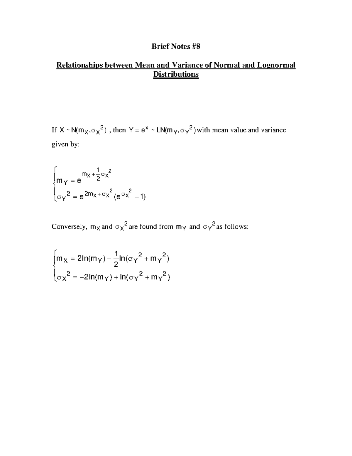 Notes on Mean and Variance of Normal & Lognormal Dist. (MATH 9521 ...