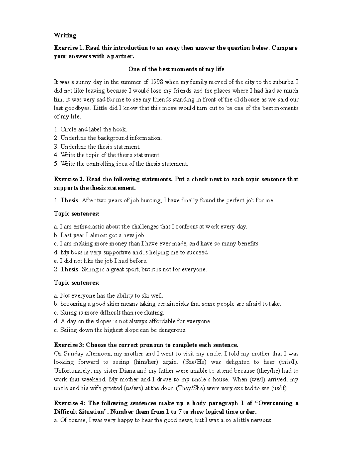 B3 Writing Exercises: Essay Fundamentals and Thesis Support Activities ...