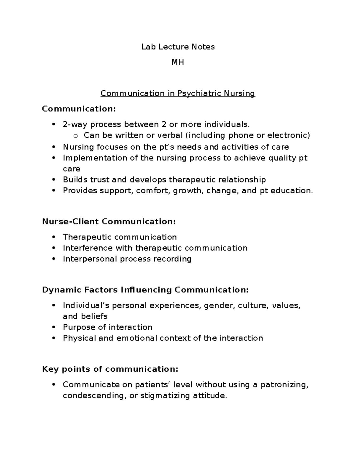 Lab Lecture Notes MH: Communication in Psychiatric Nursing Essentials ...