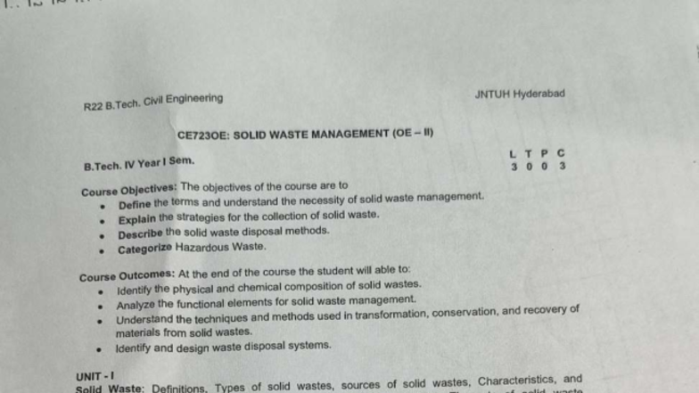 JNTUH Hyderabad B.Tech GE7230E: Solid Waste Management Exam Notes - Studocu