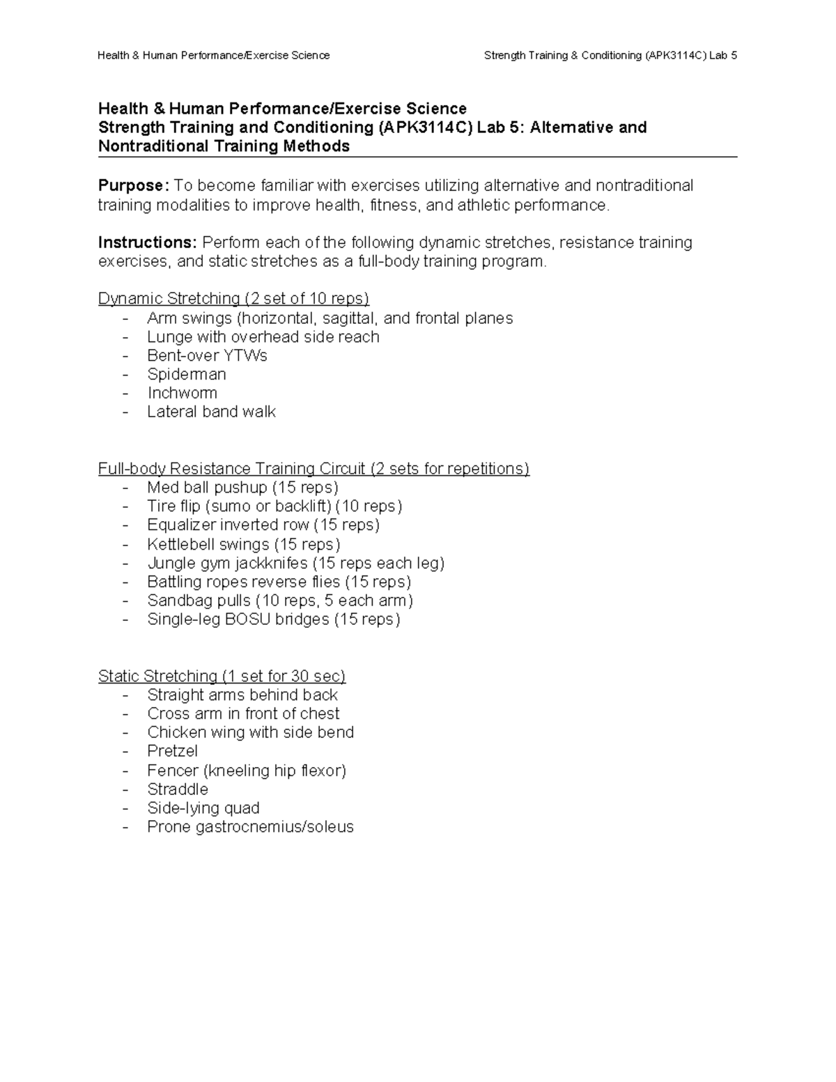 Strength Training & Conditioning Lab 5 - Alternative and Nontraditional ...