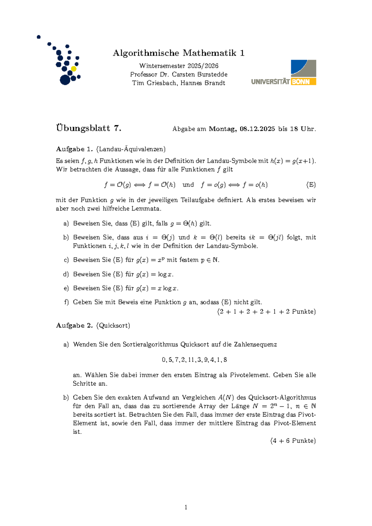 Algorithmische Mathematik 1 - Theorieblatt 7 - WS 2025/26 - Studocu