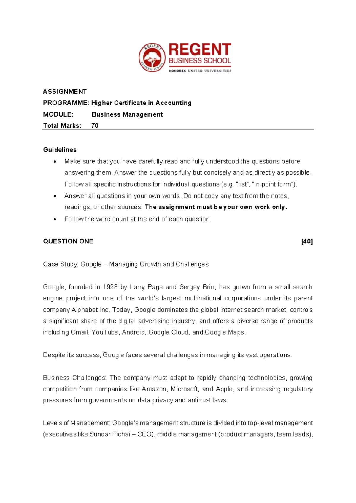 Hcacc Business Management - Assignment on Google Case Study Analysis ...