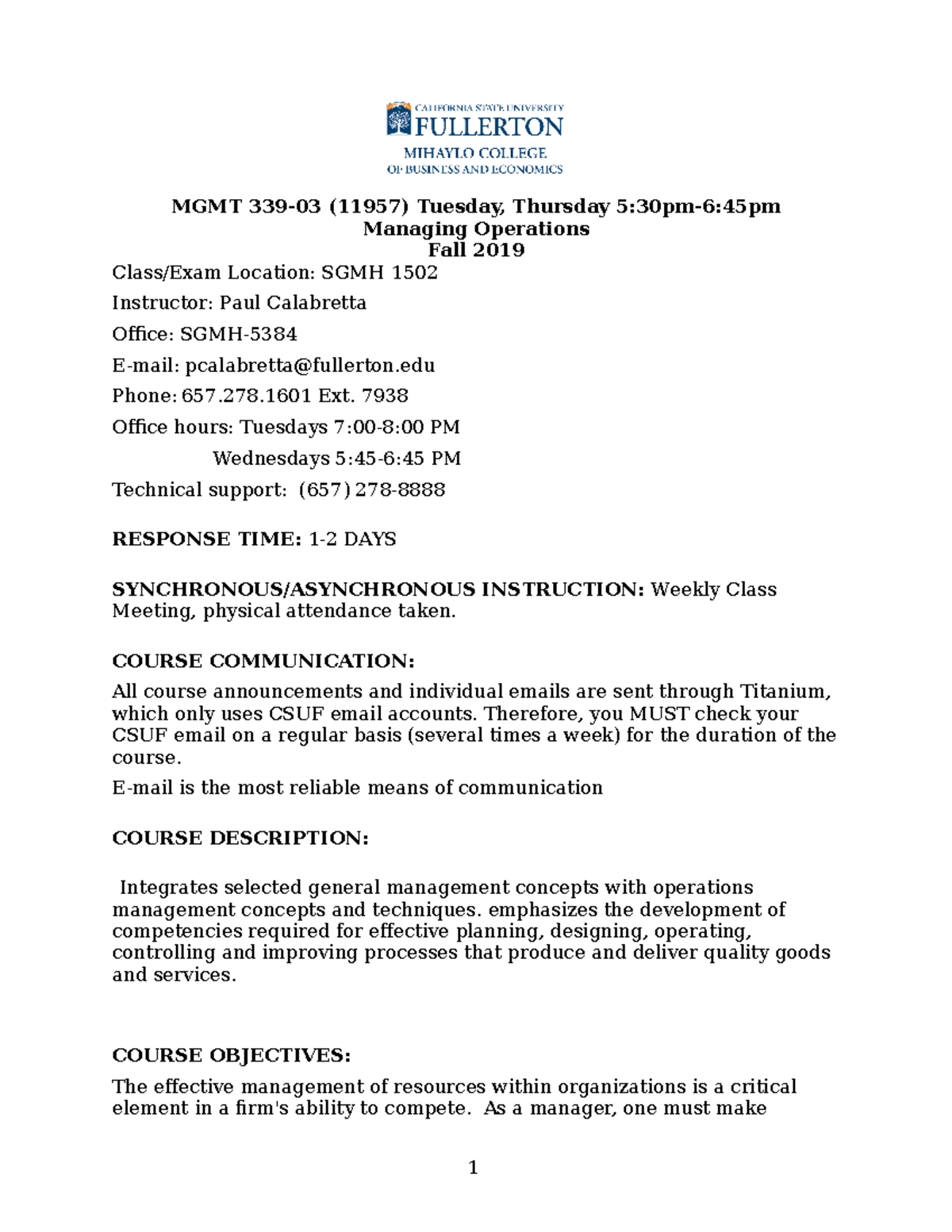 MGMT 339 Syllabus: Managing Operations and Course Overview - Studocu