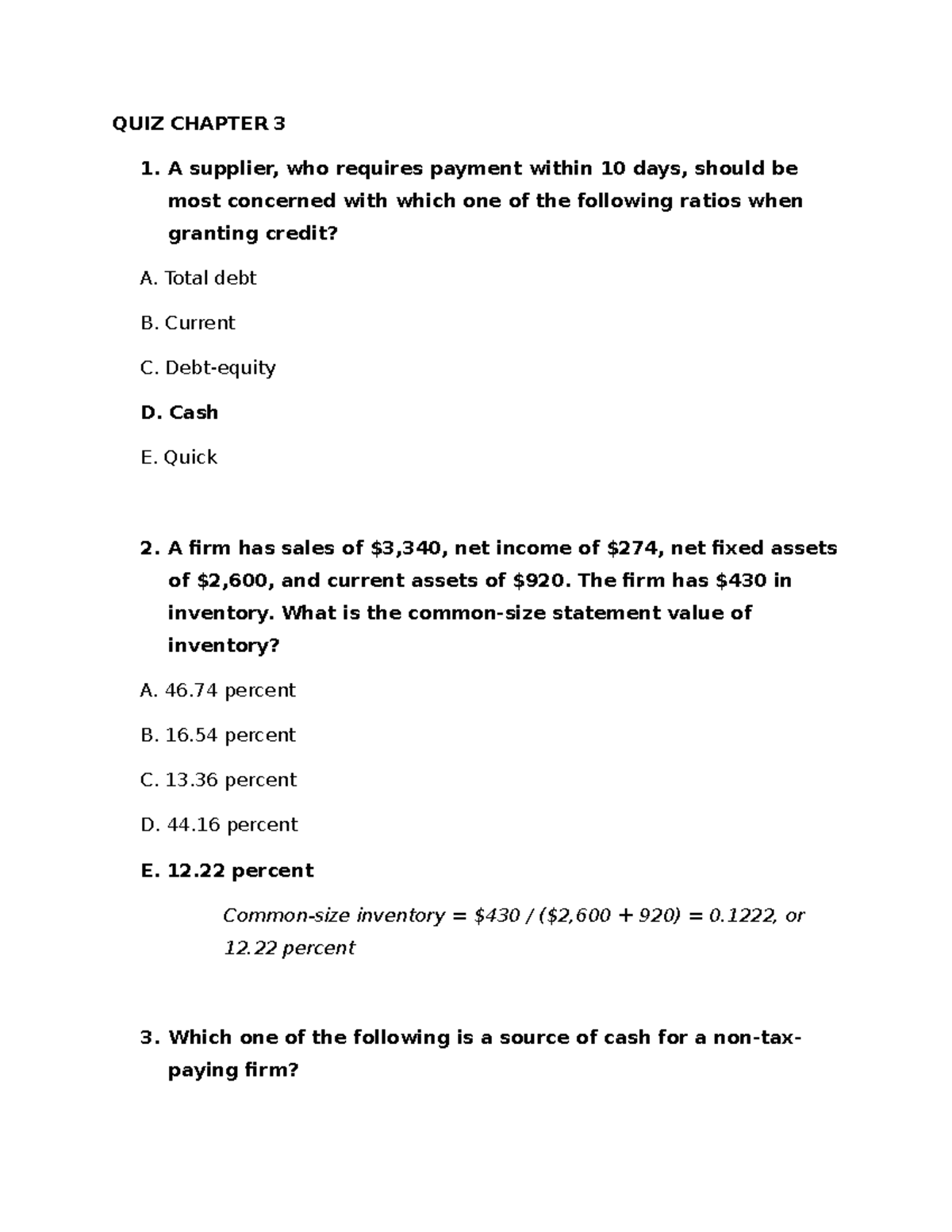 QUIZ CH 3 - Multiple Choice Questions on Financial Ratios - Studocu