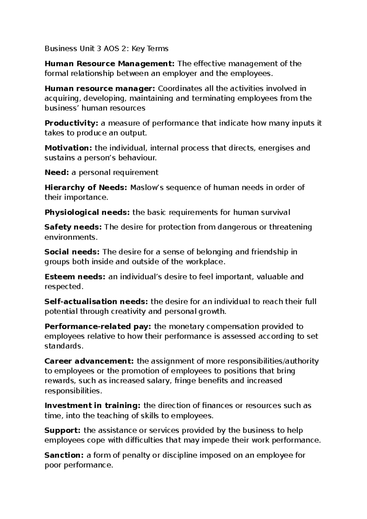 Business Unit 3 AOS 2: Key Terms in Human Resource Management - Studocu