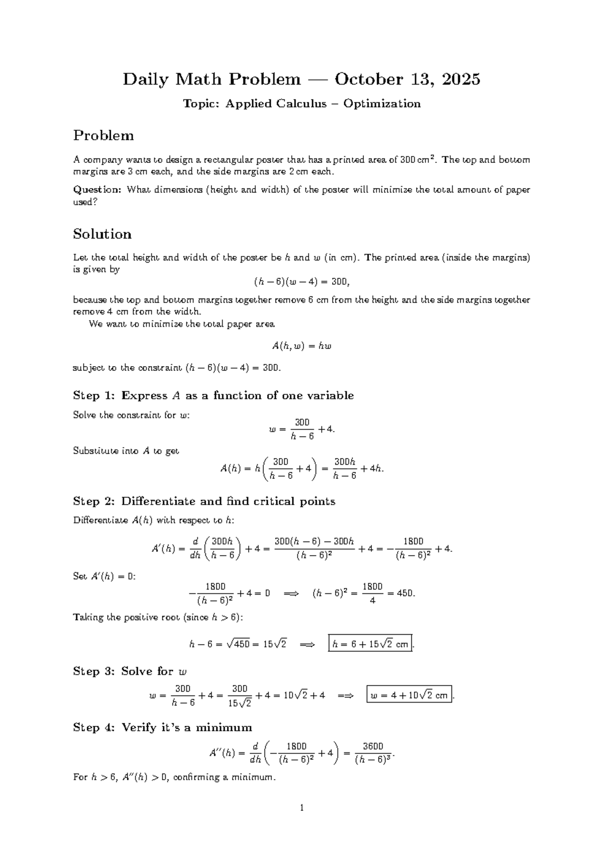 Applied Calculus Optimization Problem - Daily Math 3232 - Studocu