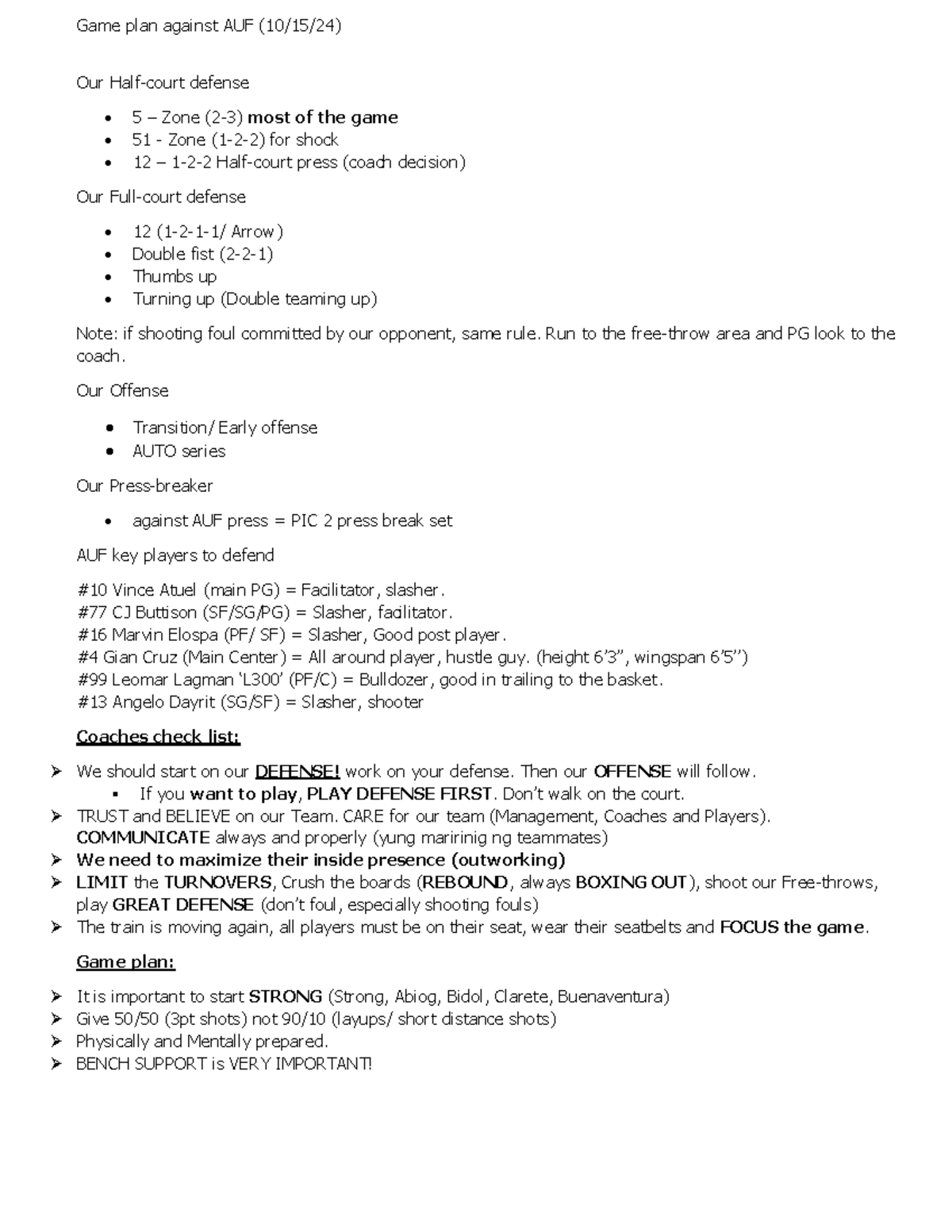 Game Plan vs. AUF (Basketball Strategy) - Updated 10/15/24 - Studocu