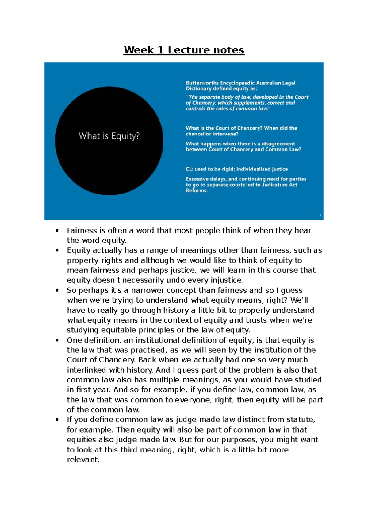 LAW101: Week 1 Lecture Notes on Equity and Common Law Principles - Studocu