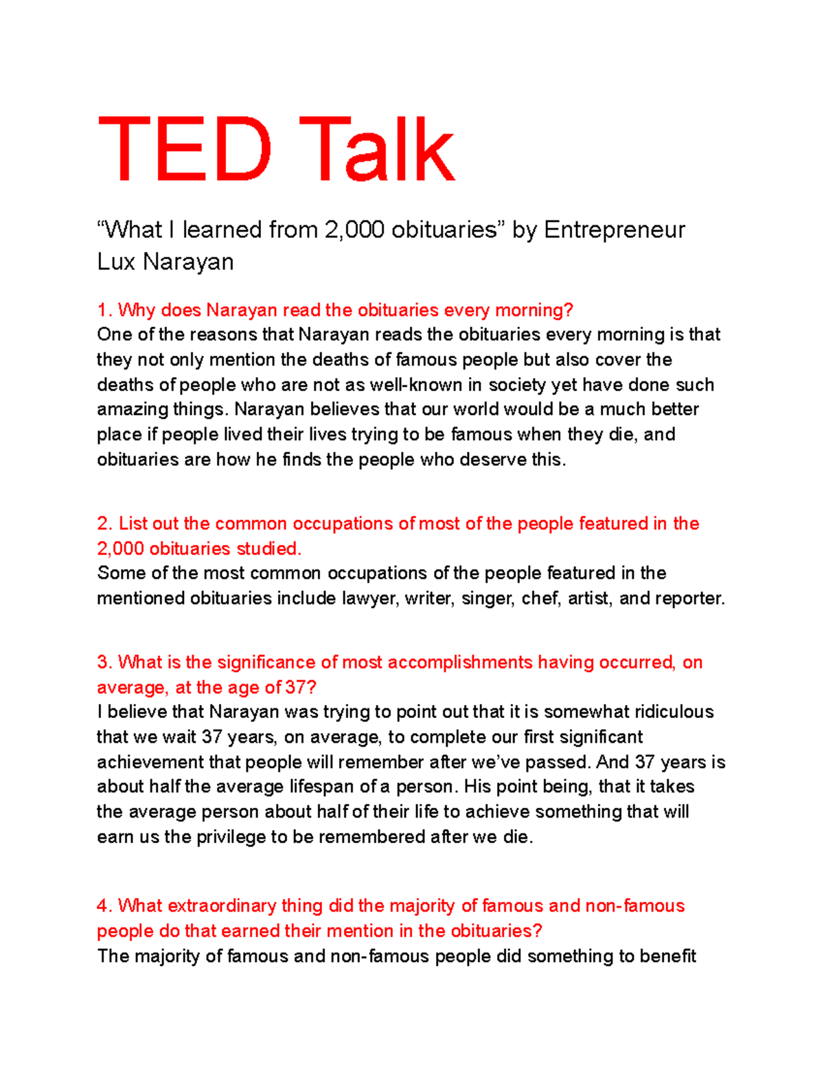 TED Talk Summary: Insights from 2,000 Obituaries by Lux Narayan - Studocu