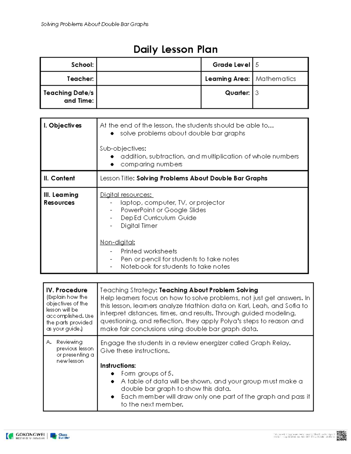 M5Q3L13 Daily Lesson Plan: Solving Double Bar Graph Problems - Studocu