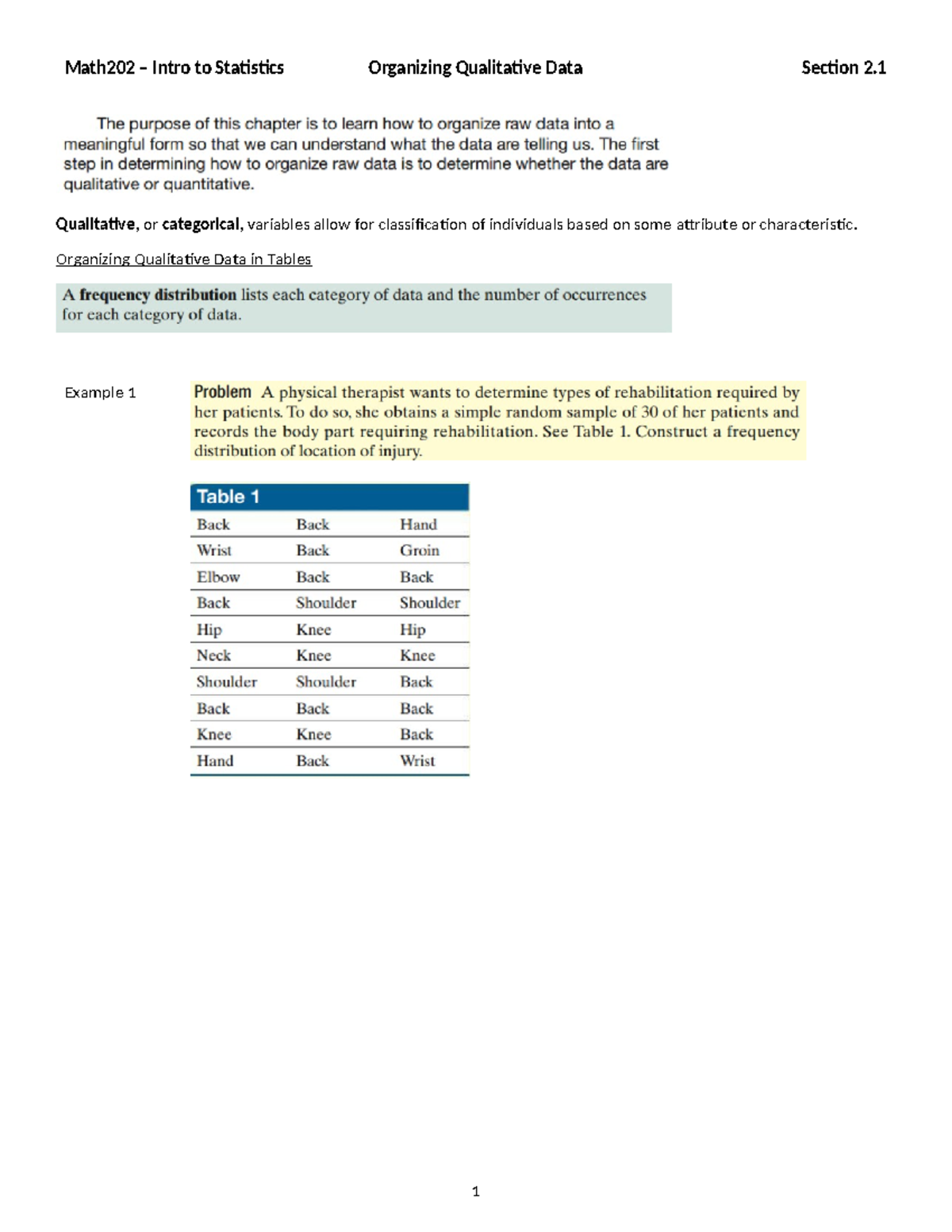 Math202 - Intro to Statistics: Techniques for Organizing Qualitative ...