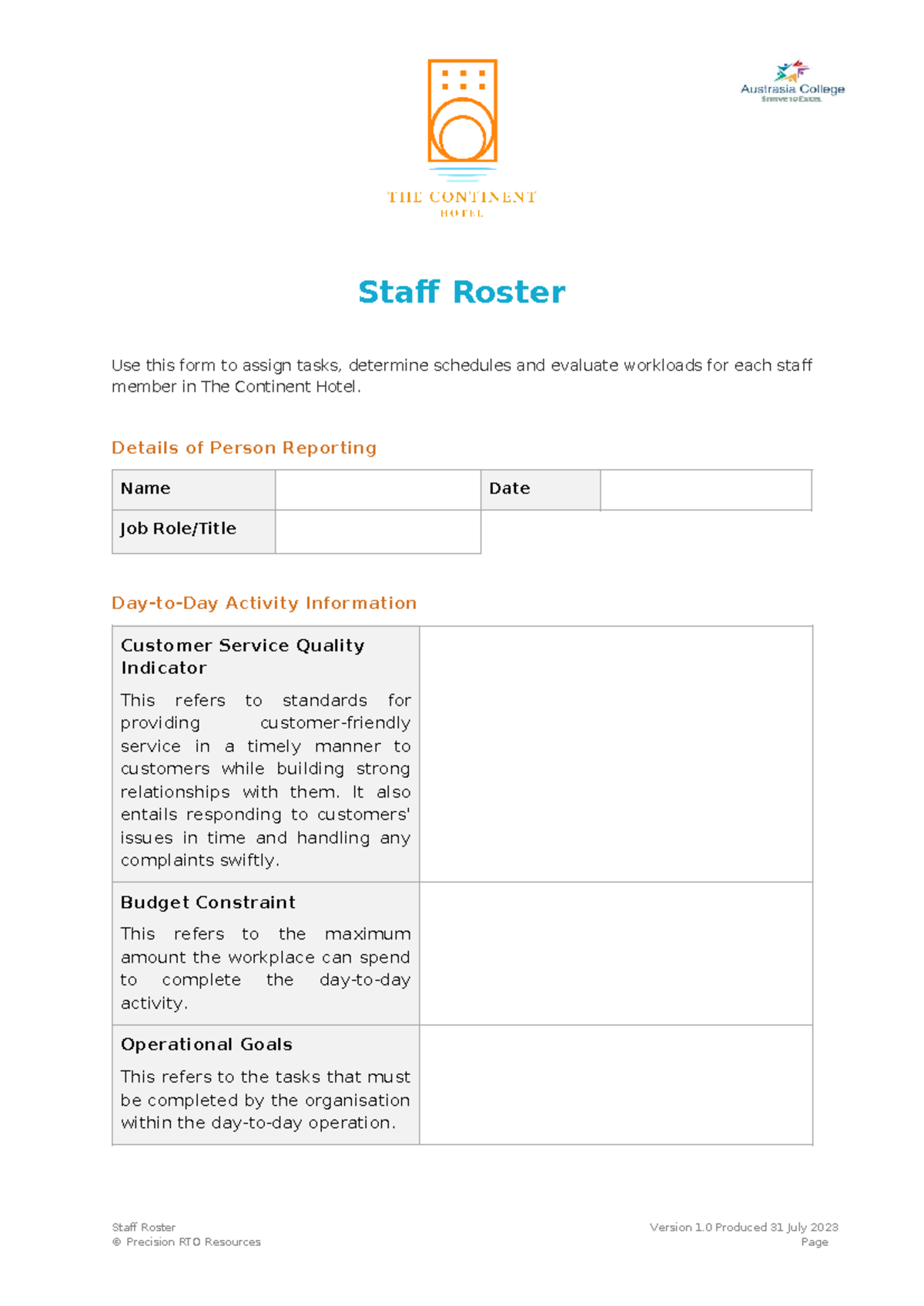 The Continent Hotel Staff Roster & Workload Evaluation Guide - Studocu