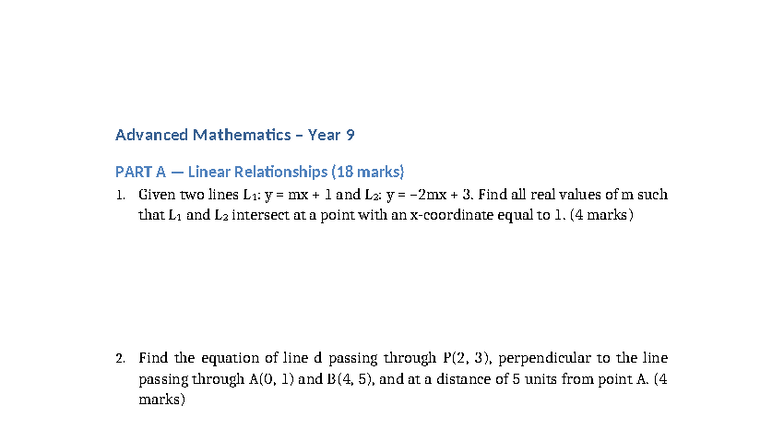 Advanced Maths Year 9 Revision Exam: Linear Relationships & More - Studocu