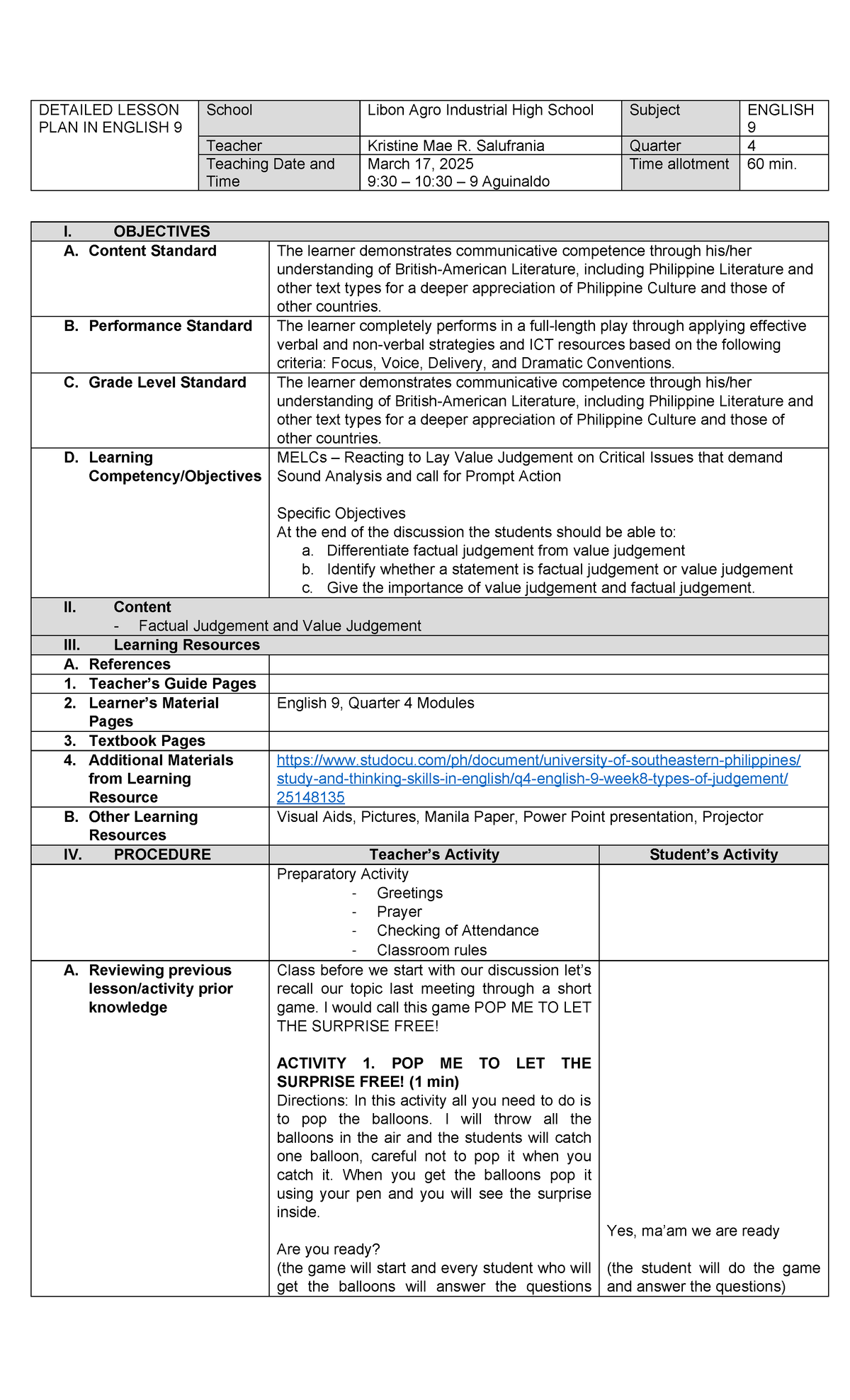 English 9 Q4 DLP: Factual vs. Value Judgement Lesson Plan - Studocu
