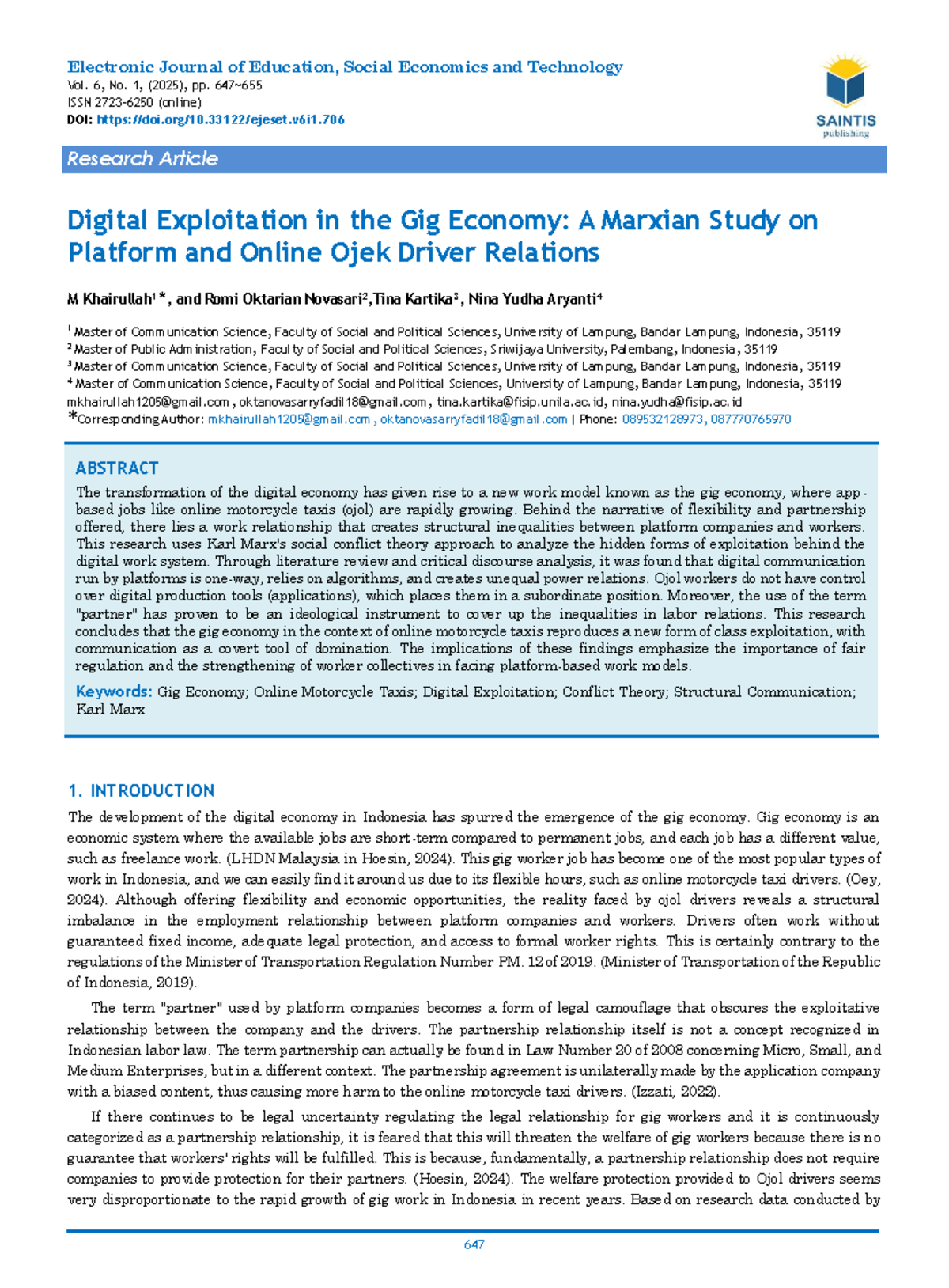 Digital Exploitation in the Gig Economy: A Marxian Analysis of Ojol ...