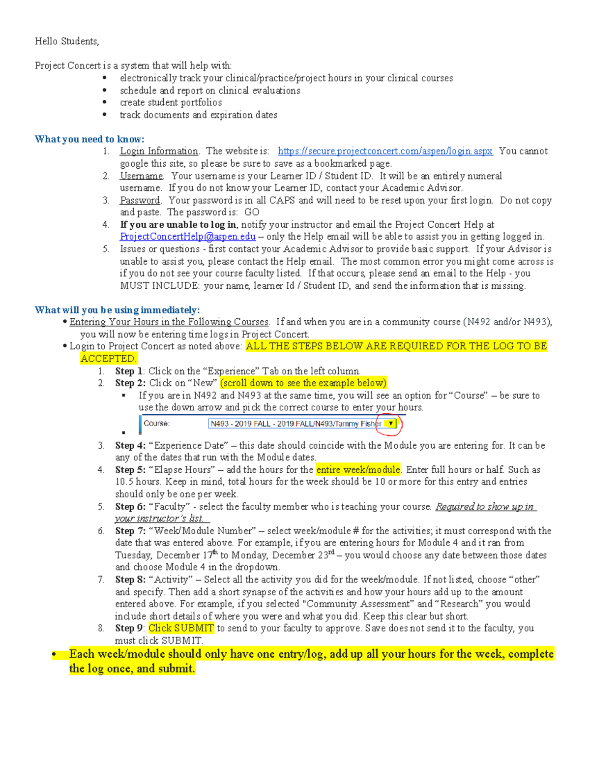 N492 Project Concert Guide for Tracking Clinical Hours - Studocu
