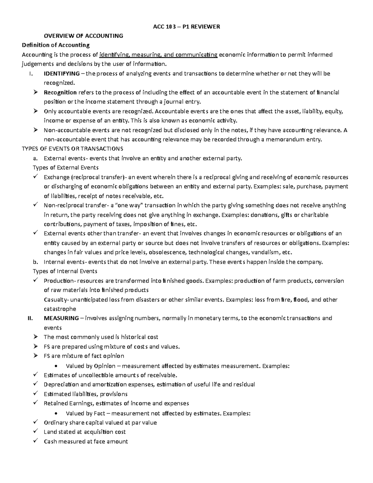 ACC 103 P1 Final Exam Reviewer: Overview of Accounting Principles - Studocu