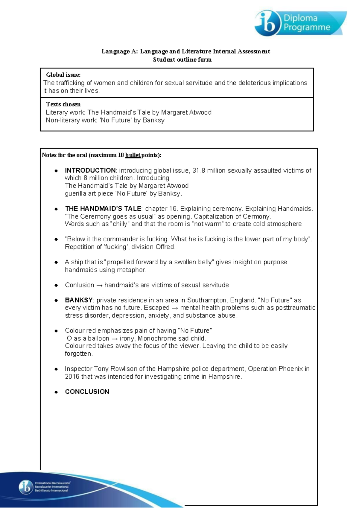 IB Language A: Lang & Lit IA Outline - Global Issue of Trafficking ...