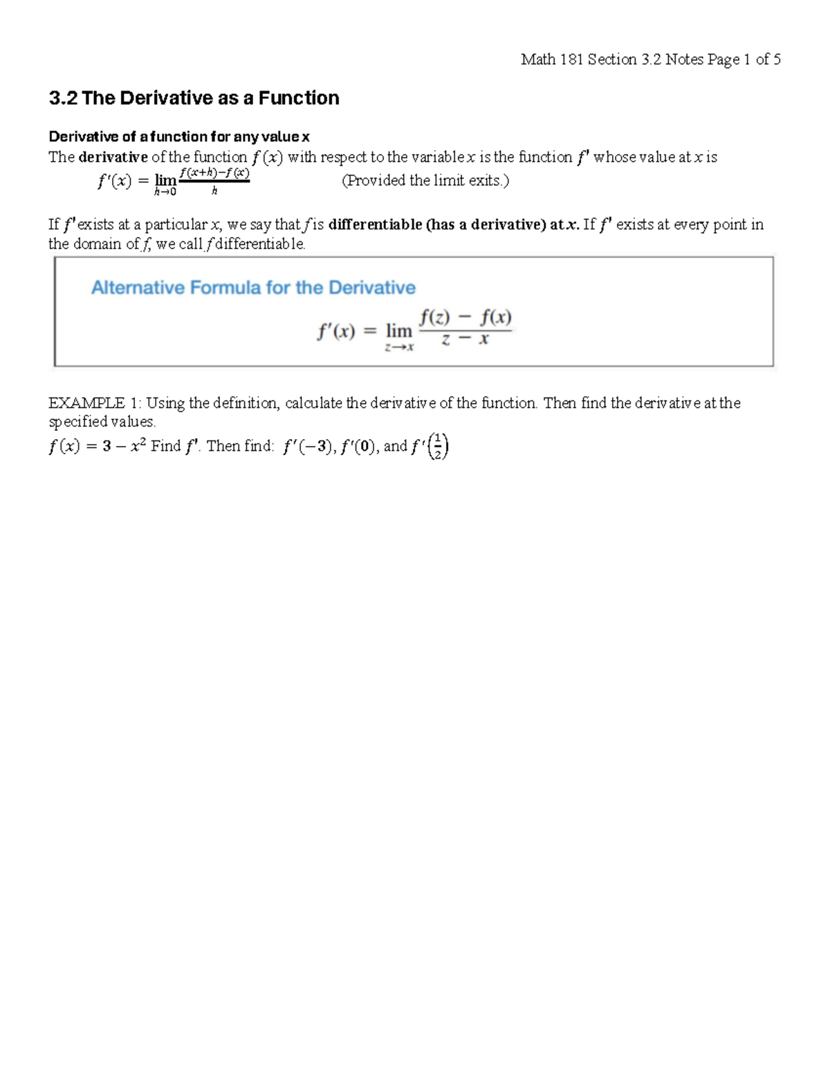 Math 181 Final Exam Review: Derivatives as Functions and Applications ...