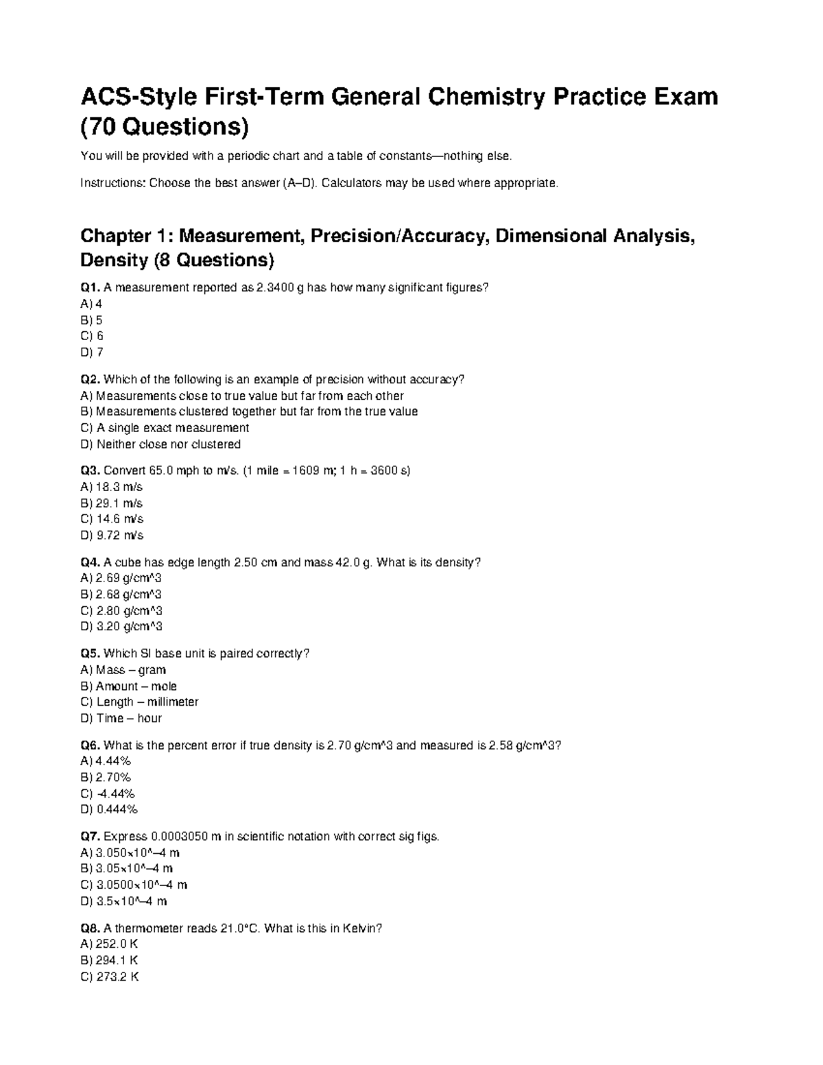 ACS Gen Chem Practice Exam 70Q: Chapters 1-10 Review - Studocu
