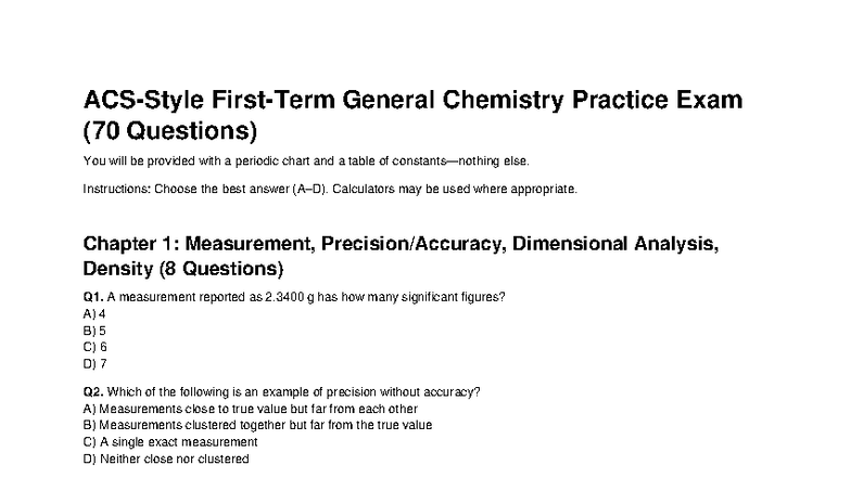 ACS Gen Chem Practice Exam 70Q: Chapters 1-10 Review - Studocu
