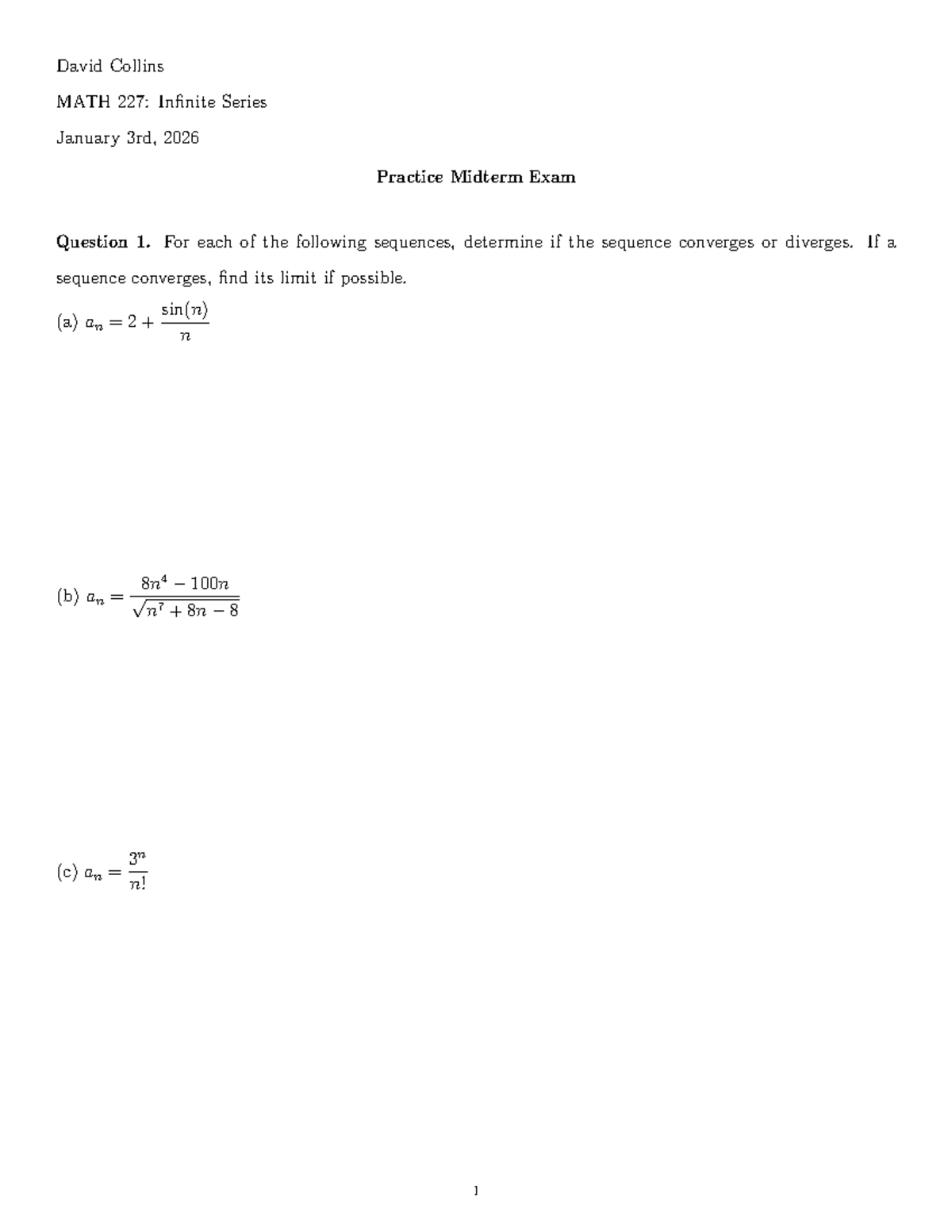 MATH 227: Infinite Series Practice Midterm Exam Review - Studocu