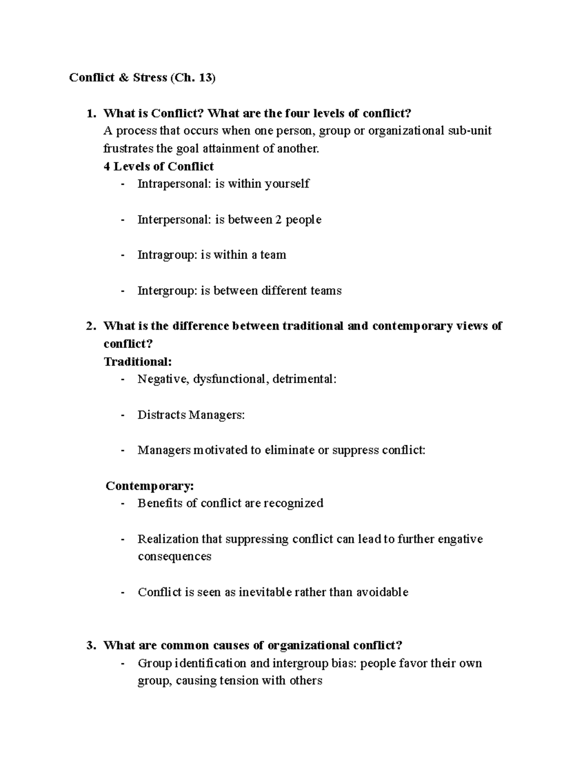 Chapter 13 OB - Conflict and Stress Management Notes - Studocu