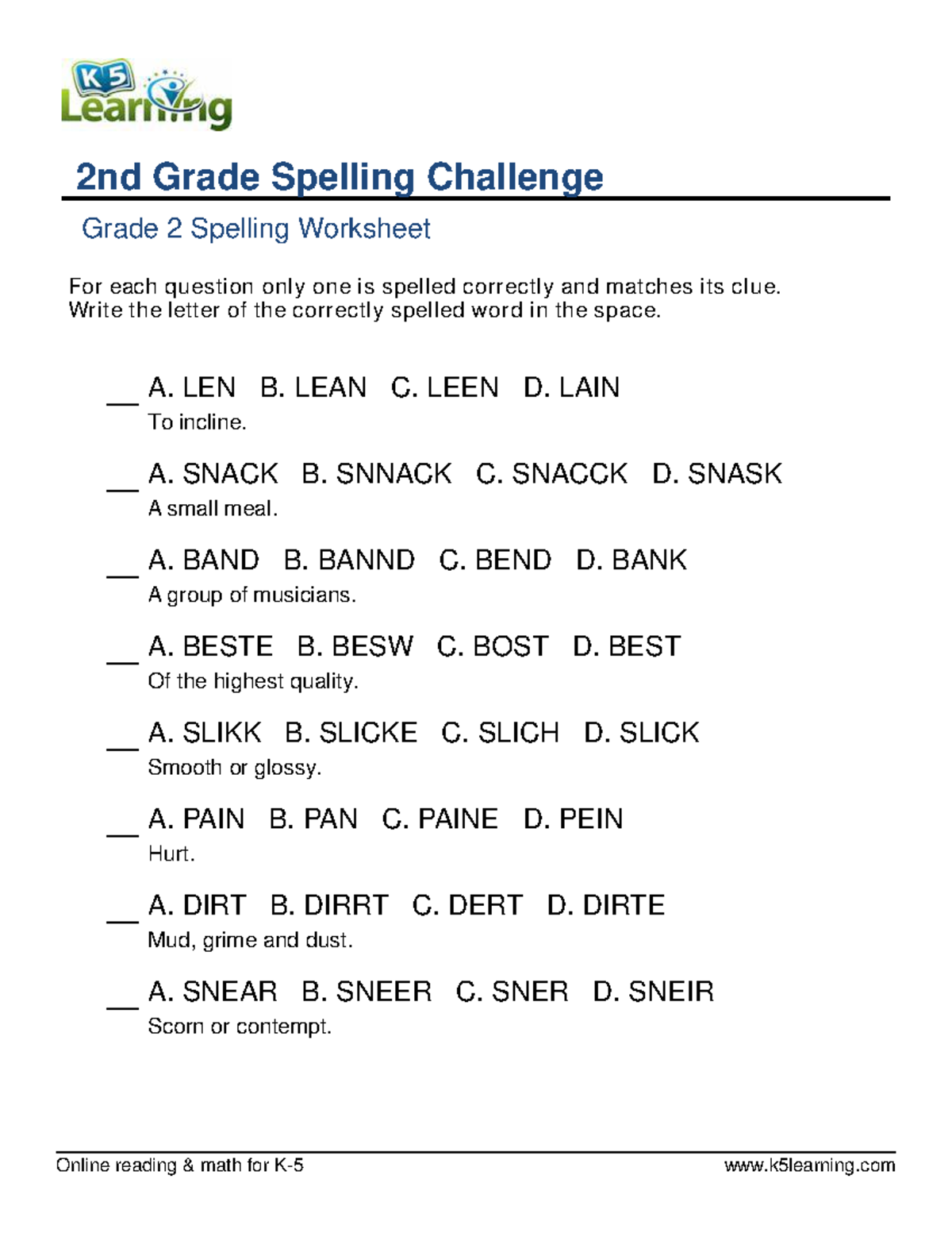 Grade 2 Spelling Challenge 4 Worksheet for K-5 Students - Studocu