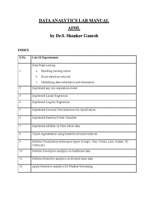 DATA ANALYTICS LAB MANUAL AIML - Experiments Overview - Studocu