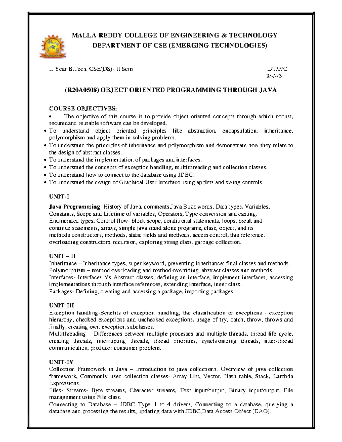 Java Programming (R20A0508) - Object Oriented Concepts and Applications ...