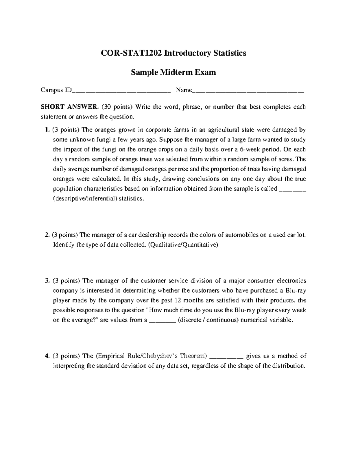 Sample Midterm Exam paper trial - COR-STAT120 2 Introductory Statistics ...
