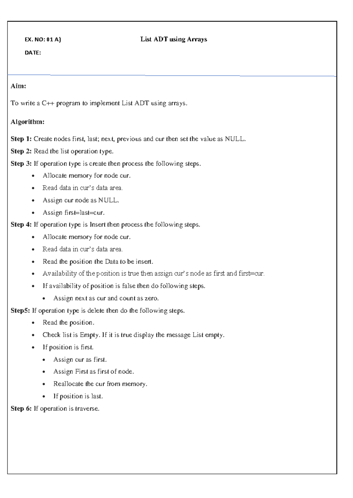 Final c++ program - lab material - EX. NO: 01 A) List ADT using Arrays ...