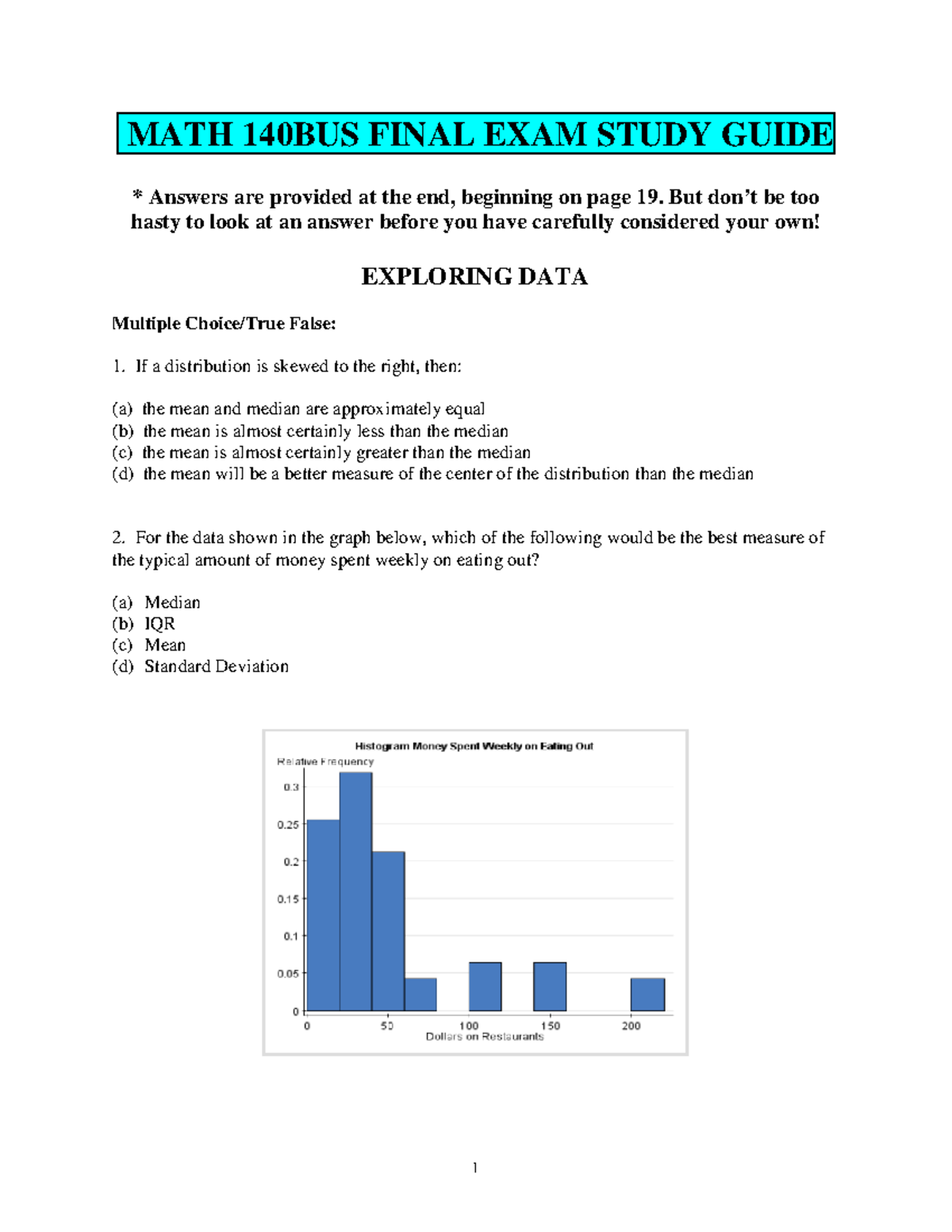 MATH 140BUS FINAL EXAM STUDY GUIDE: Practice Questions & Solutions ...