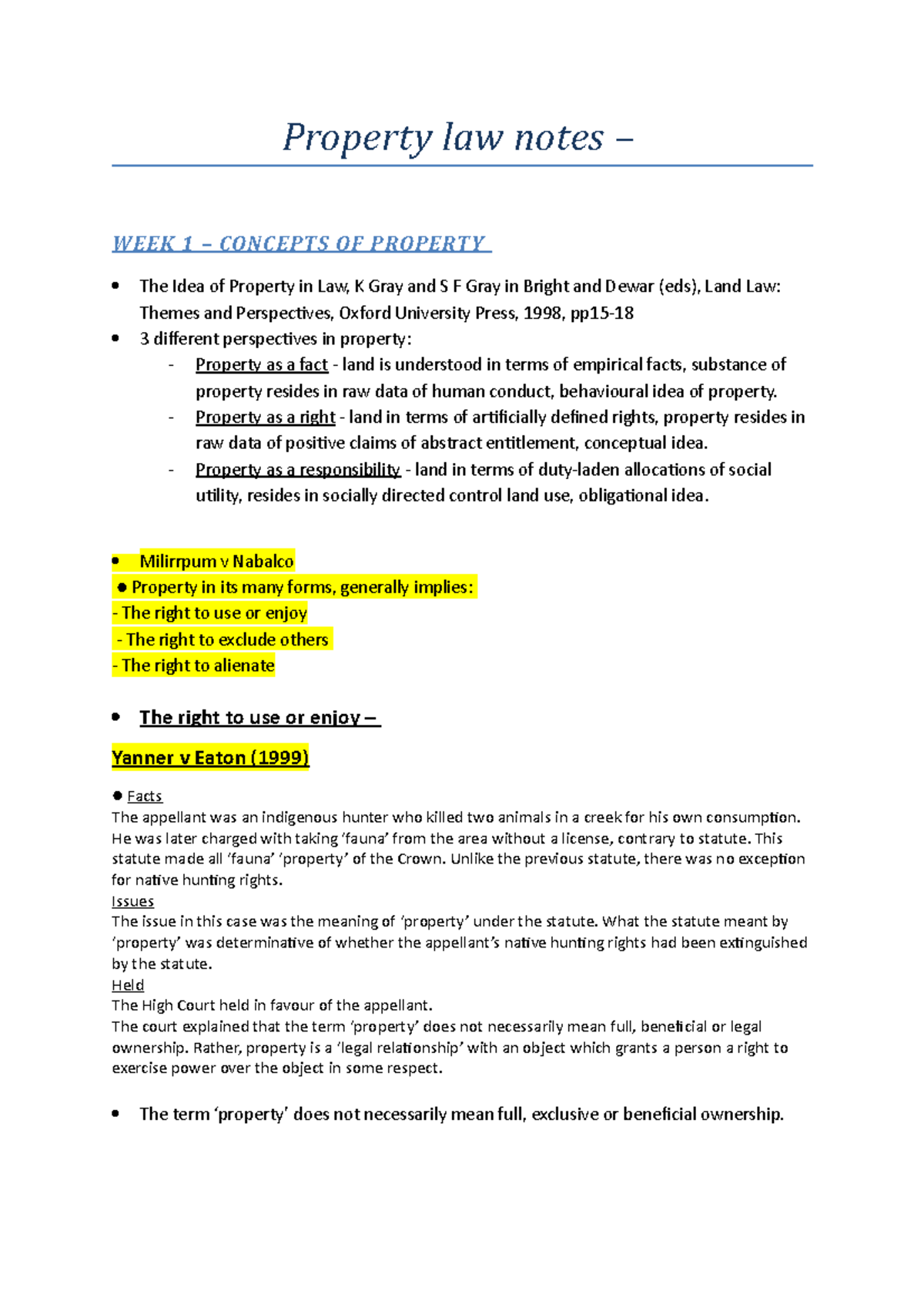 Property law notes SA - Property law notes – WEEK 1 – CONCEPTS OF ...