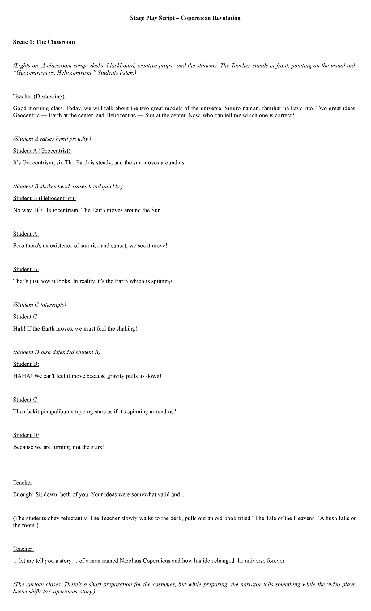 Copernican Revolution Stage Play Script: Scene 1 - The Classroom - Studocu