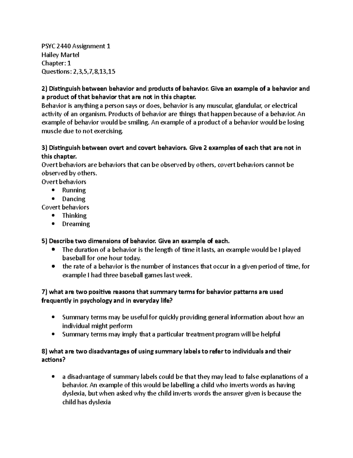 PSYC 2440 Assignment 2 - Behavior Analysis Questions & Responses - Studocu